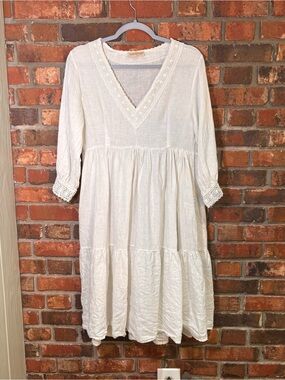 Talia Benson womens italian linen tiered crochet trim midi dress white S
